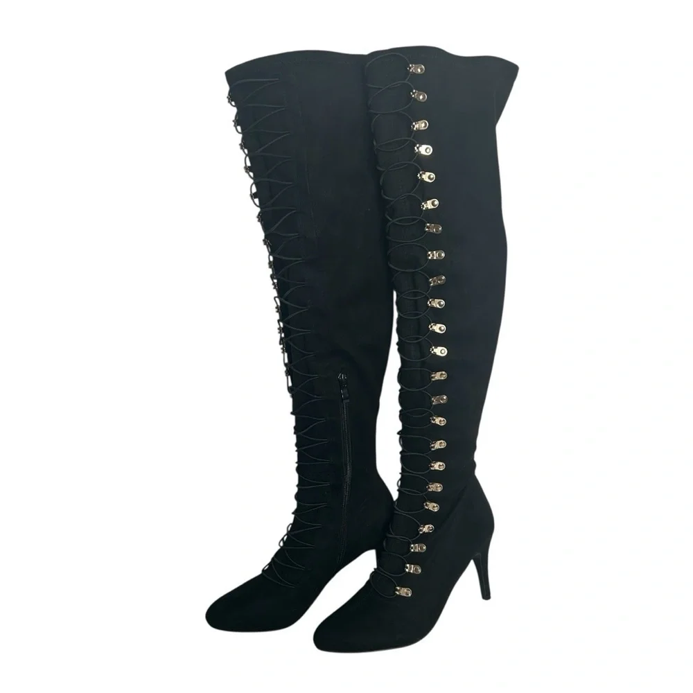 Journee Trill Black Wide Calf Thigh High Heeled Lace Up Boot Women’s Size 8.5